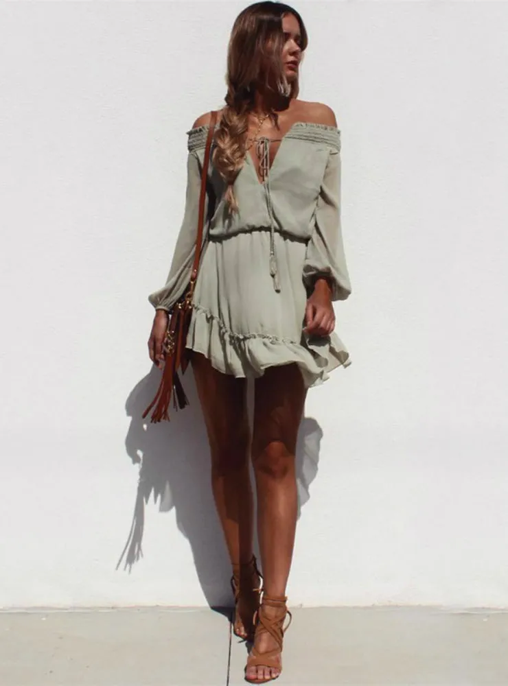 TastyHottie - Off Shoulder Long Lantern Sleeve Chiffon Vintage Dress