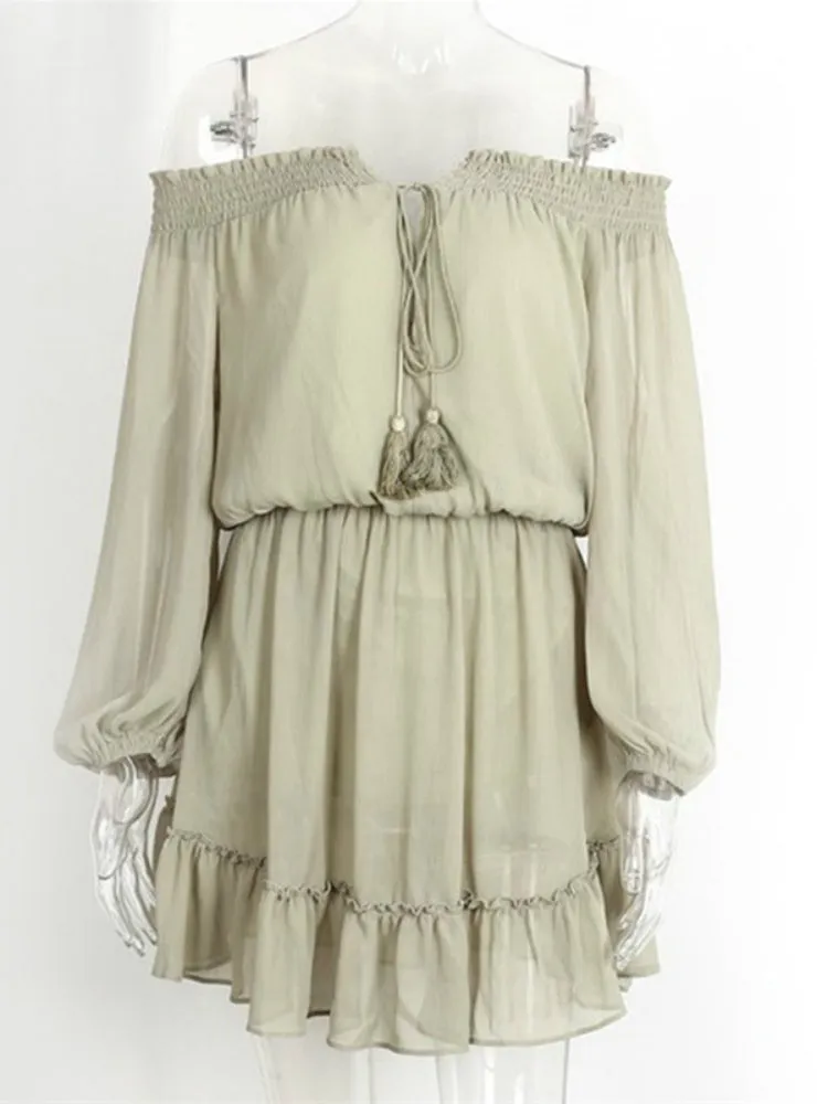 TastyHottie - Off Shoulder Long Lantern Sleeve Chiffon Vintage Dress