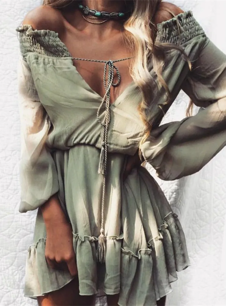 TastyHottie - Off Shoulder Long Lantern Sleeve Chiffon Vintage Dress