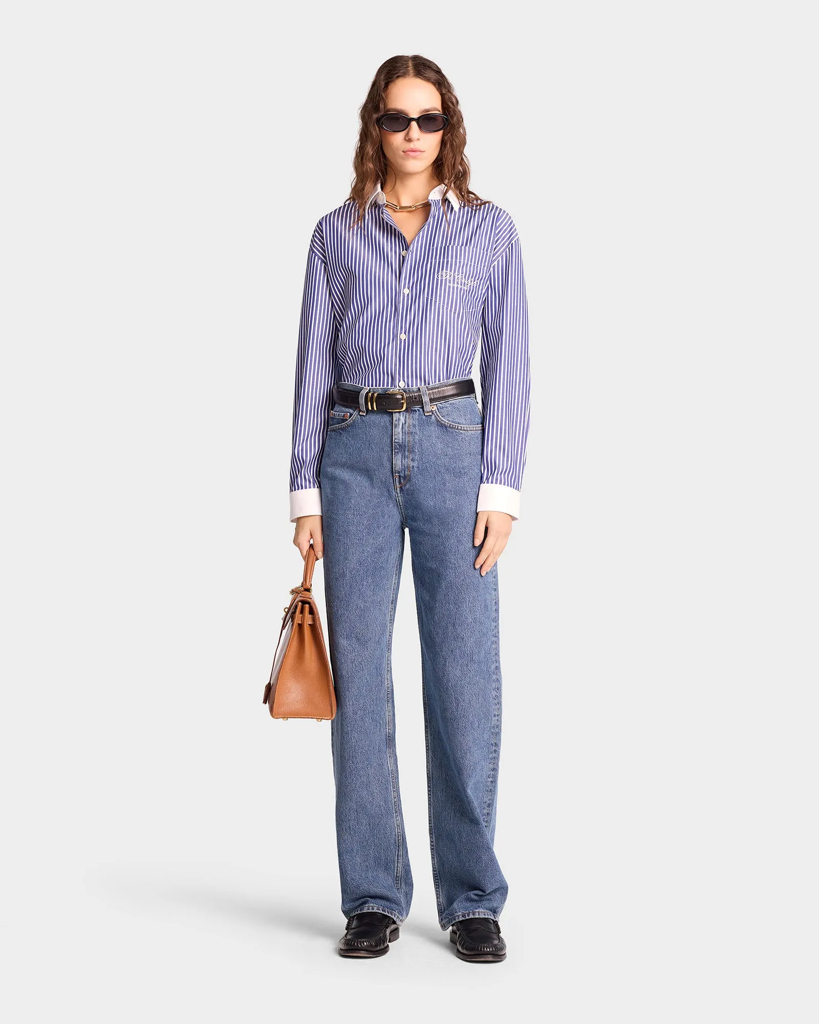 The Carlyle Script Oversized Shirt - Navy Striped