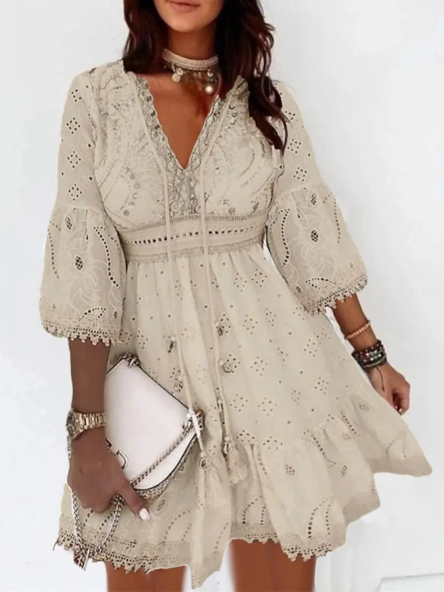 V-Neck Hollow Tassel Embroidered Dress