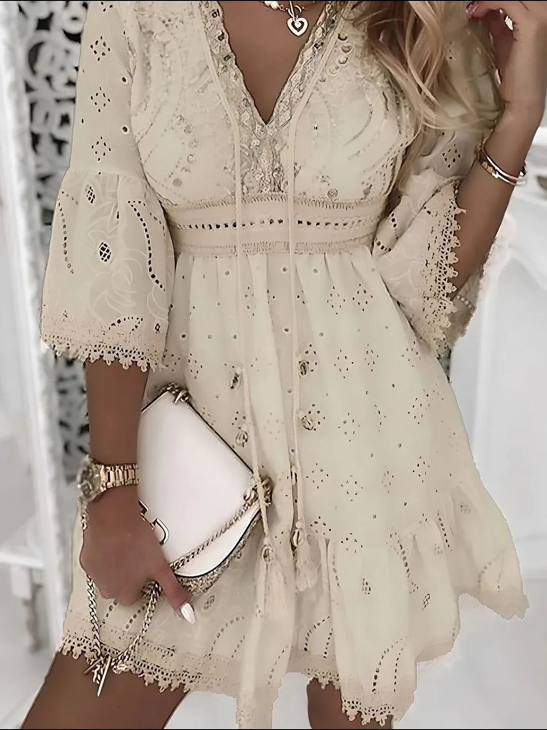 V-Neck Hollow Tassel Embroidered Dress