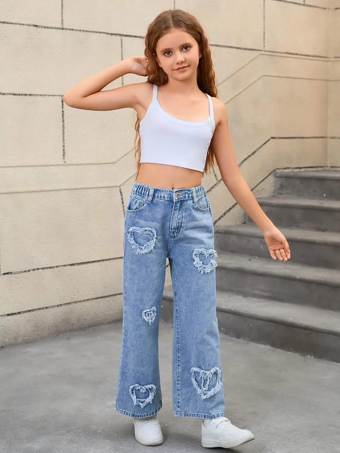 Verdusa Girl's Elastic Waist Raw Trim Denim Pants Wide Leg Jeans with Pocket