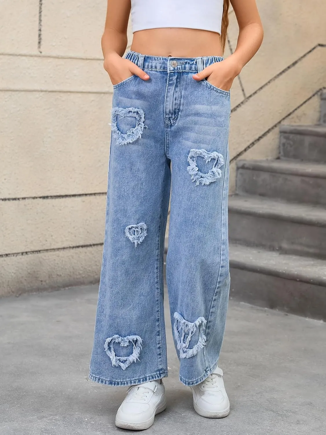 Verdusa Girl's Elastic Waist Raw Trim Denim Pants Wide Leg Jeans with Pocket