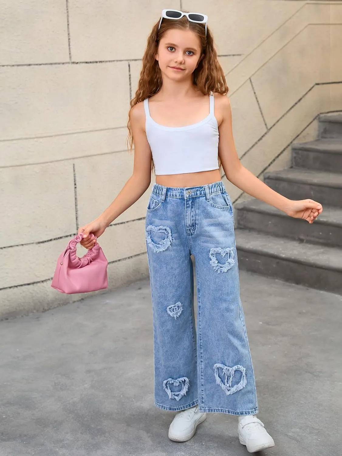 Verdusa Girl's Elastic Waist Raw Trim Denim Pants Wide Leg Jeans with Pocket