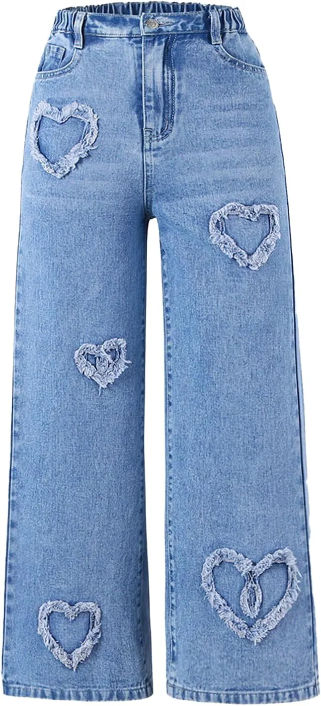 Verdusa Girl's Elastic Waist Raw Trim Denim Pants Wide Leg Jeans with Pocket