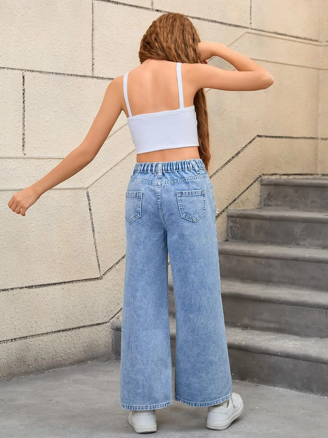Verdusa Girl's Elastic Waist Raw Trim Denim Pants Wide Leg Jeans with Pocket