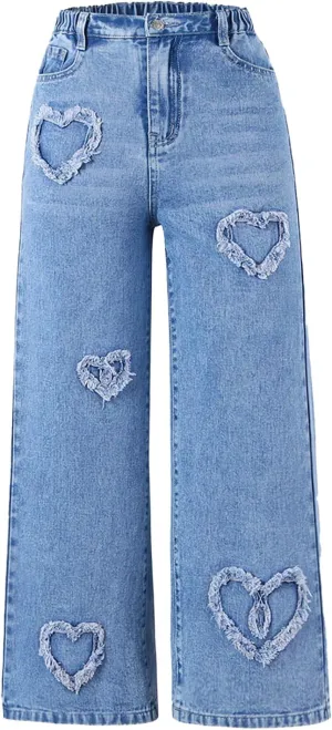 Verdusa Girl's Elastic Waist Raw Trim Denim Pants Wide Leg Jeans with Pocket