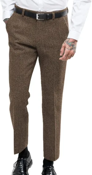 Vintage Men's Herringbone Tweed Dress Suit Pants Thick Wool Pleated Front Trousers Regular Fit