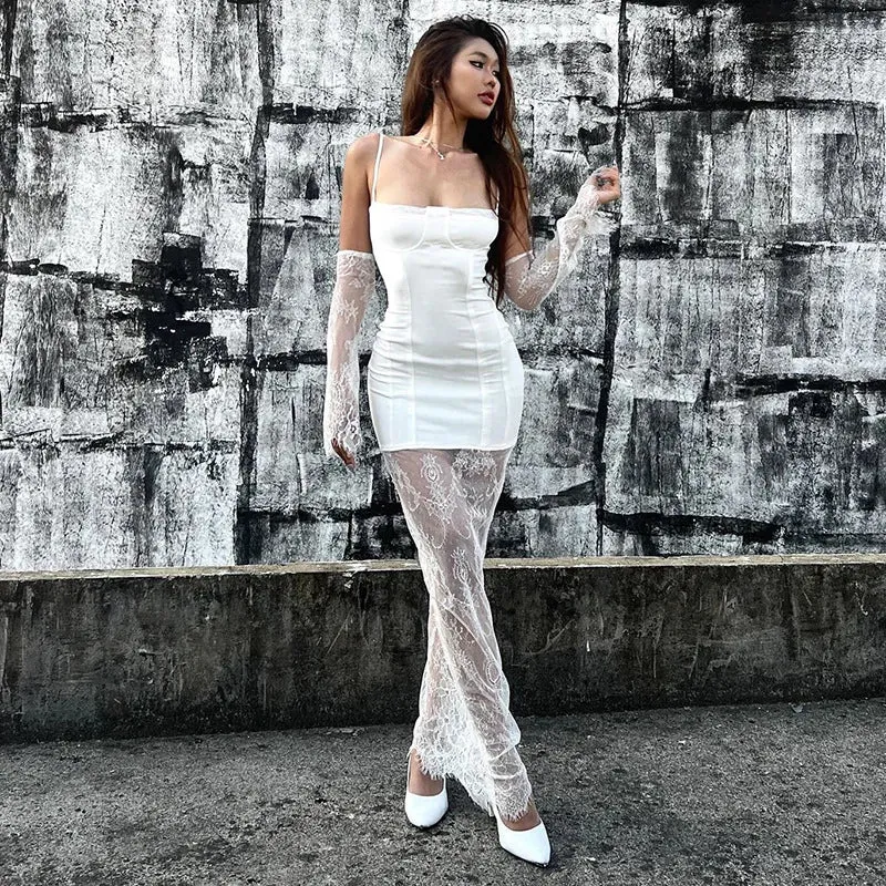 White Lace Patchwork Summer Sexy Sleeveless Slim Charming Stylish Maxi Dress