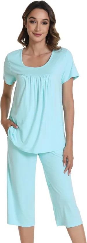 WiWi Pajamas for Women Soft Cooling Short Sleeve Sleepwear with Capri Pants Viscose from Bamboo Pjs Sets S-XXL