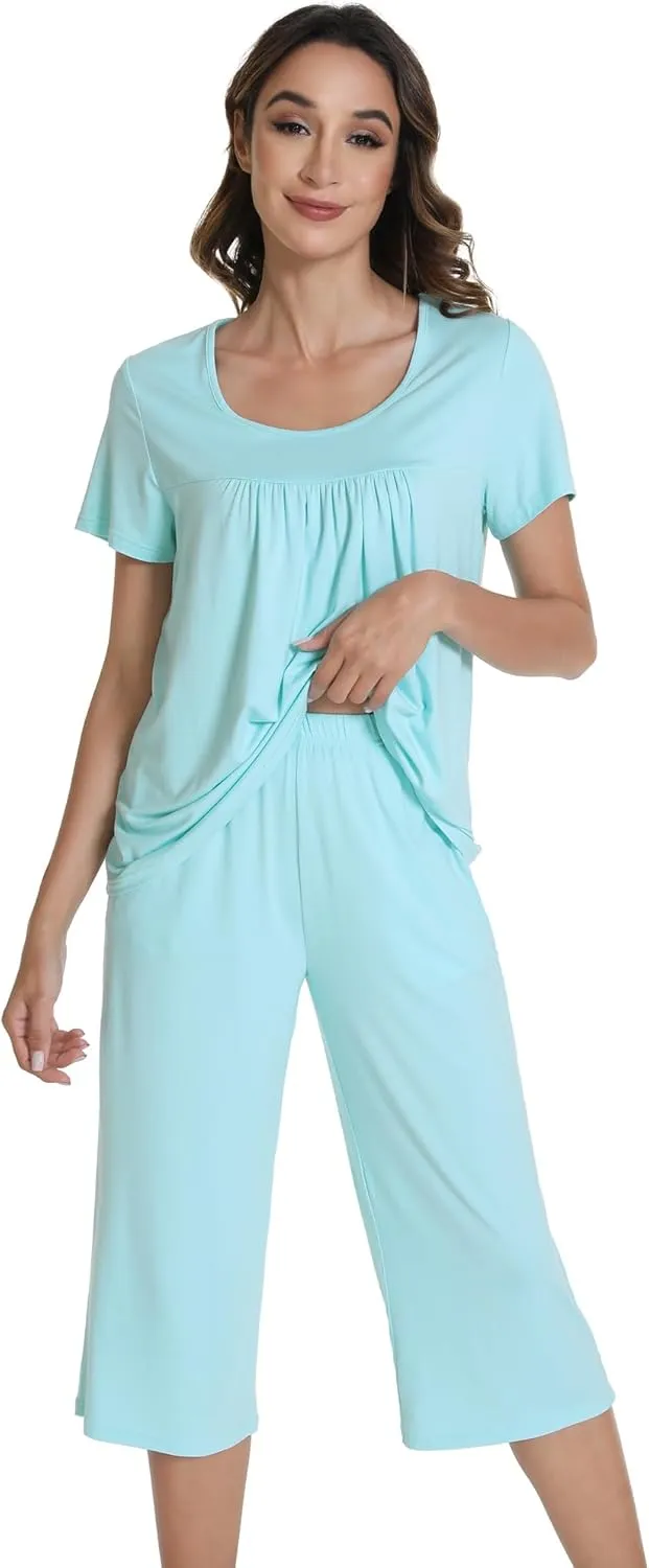 WiWi Pajamas for Women Soft Cooling Short Sleeve Sleepwear with Capri Pants Viscose from Bamboo Pjs Sets S-XXL