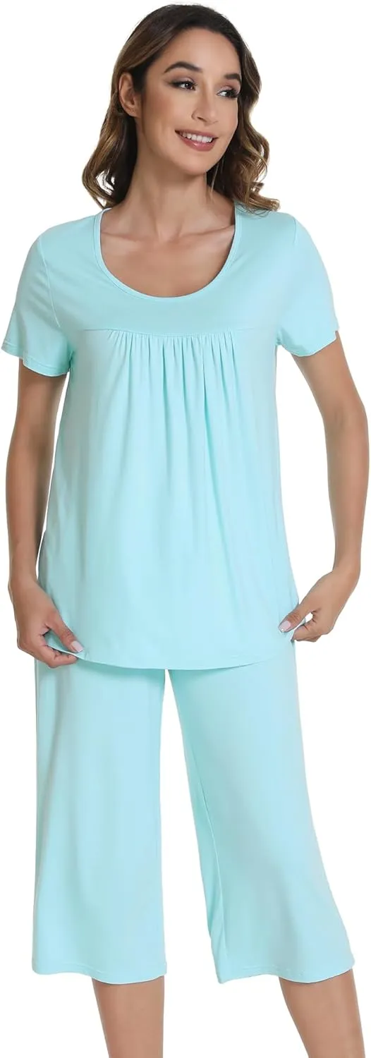 WiWi Pajamas for Women Soft Cooling Short Sleeve Sleepwear with Capri Pants Viscose from Bamboo Pjs Sets S-XXL