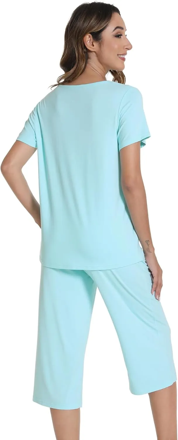 WiWi Pajamas for Women Soft Cooling Short Sleeve Sleepwear with Capri Pants Viscose from Bamboo Pjs Sets S-XXL