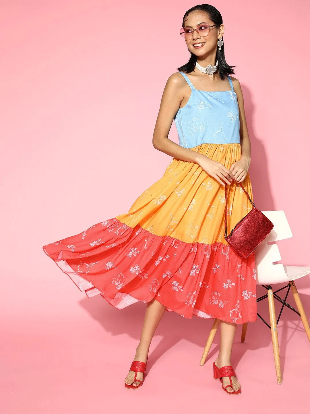 Women Stylish Blue Colourblocked SunDress