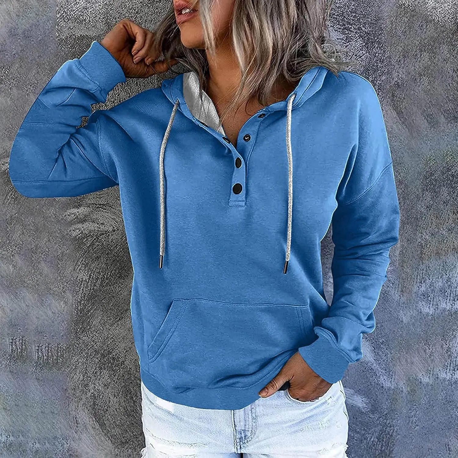 Womens 2024 Fashion Hoodies Quarter Button Collar Pullover Drawstring Classic Loose Casual Sweatshirts Fall Hoodie