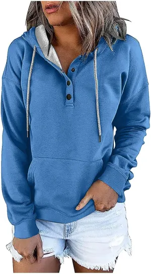 Womens 2024 Fashion Hoodies Quarter Button Collar Pullover Drawstring Classic Loose Casual Sweatshirts Fall Hoodie