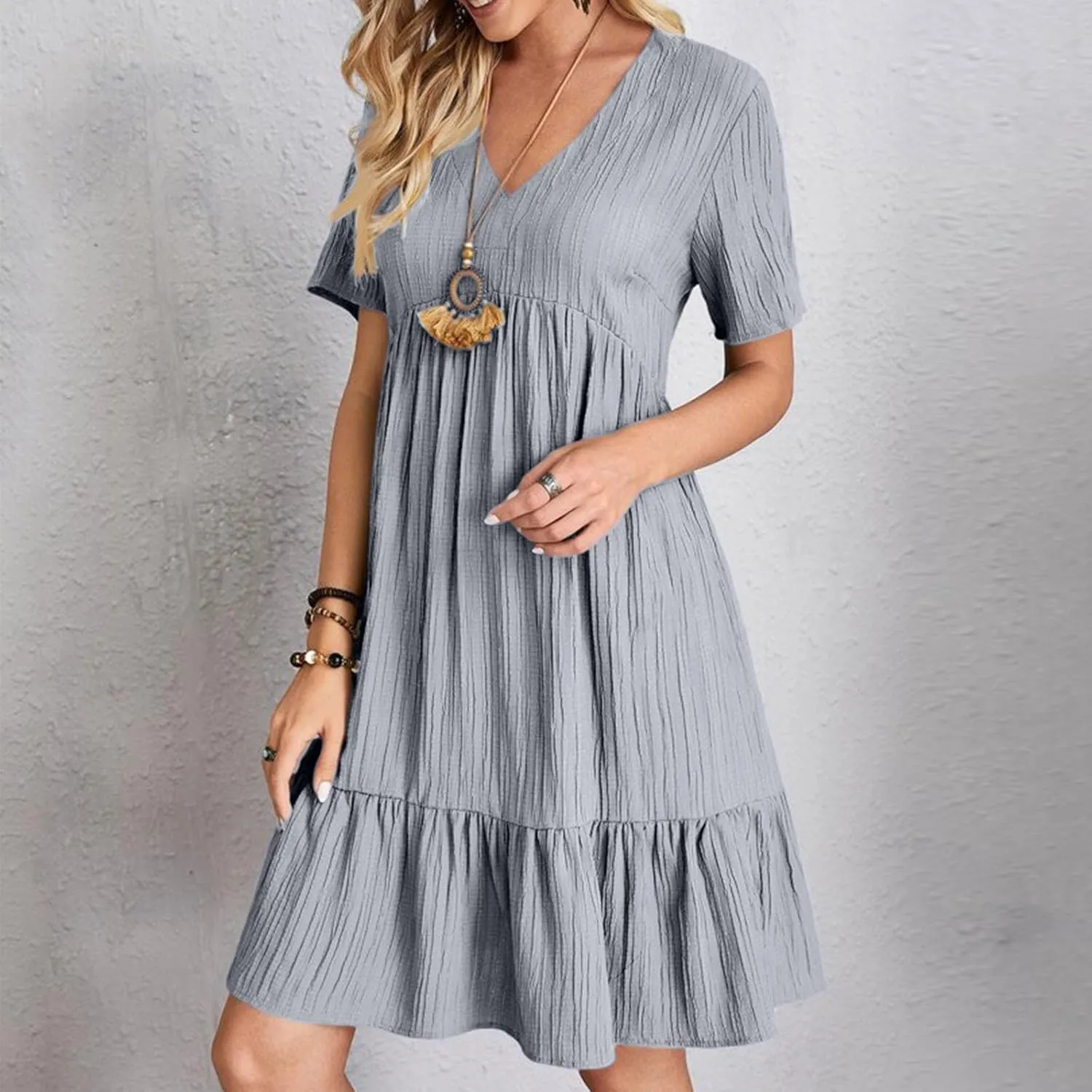 Womens Summer Short Sleeve Dresses V Neck Casual Solid Ruffle Tiered Layered Flowy A-Line Dress 2025 Beach Vacation