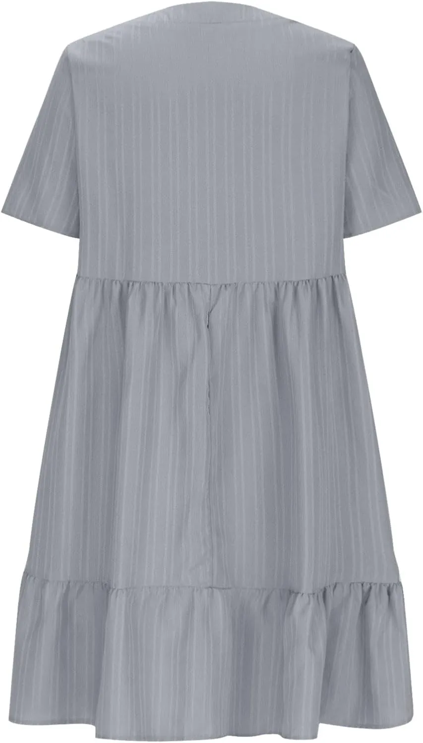 Womens Summer Short Sleeve Dresses V Neck Casual Solid Ruffle Tiered Layered Flowy A-Line Dress 2025 Beach Vacation