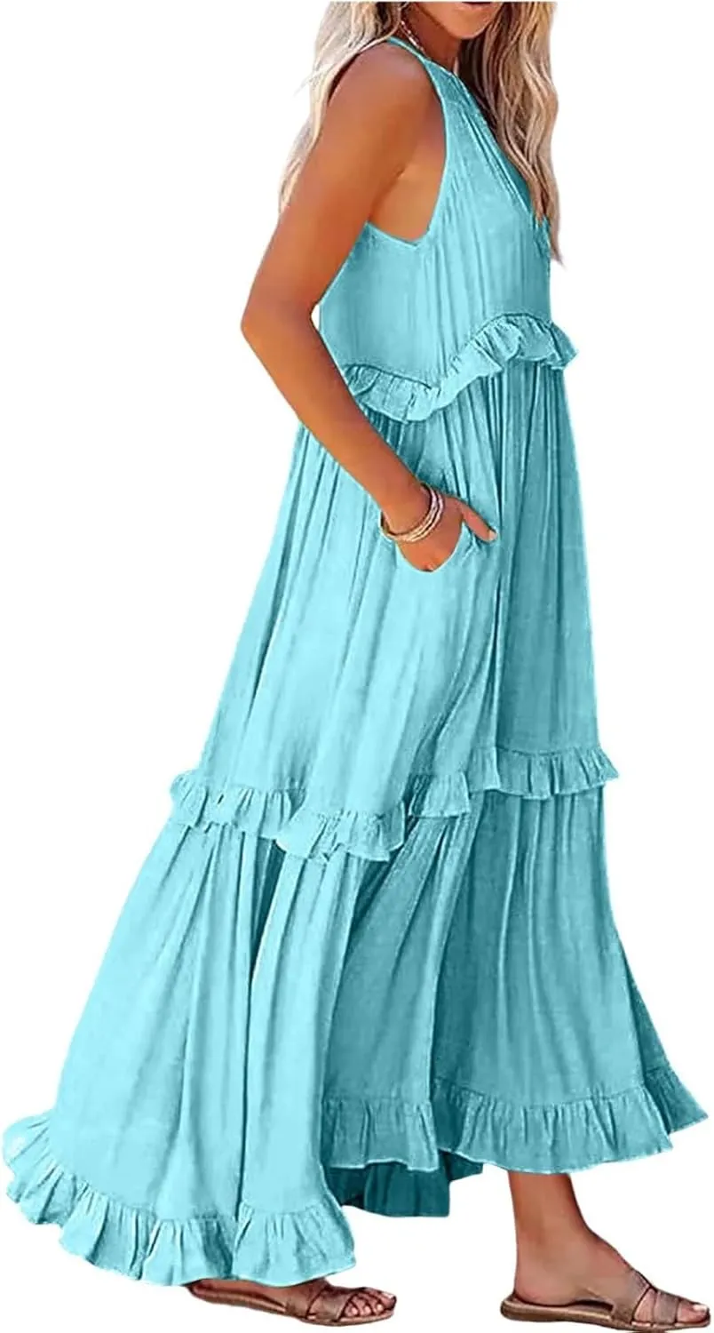 Women's Sundresses 2025 Summer Casual Loose Trendy Sleeveless Solid Color Flowy Maxi Beach Dress, S-2XL