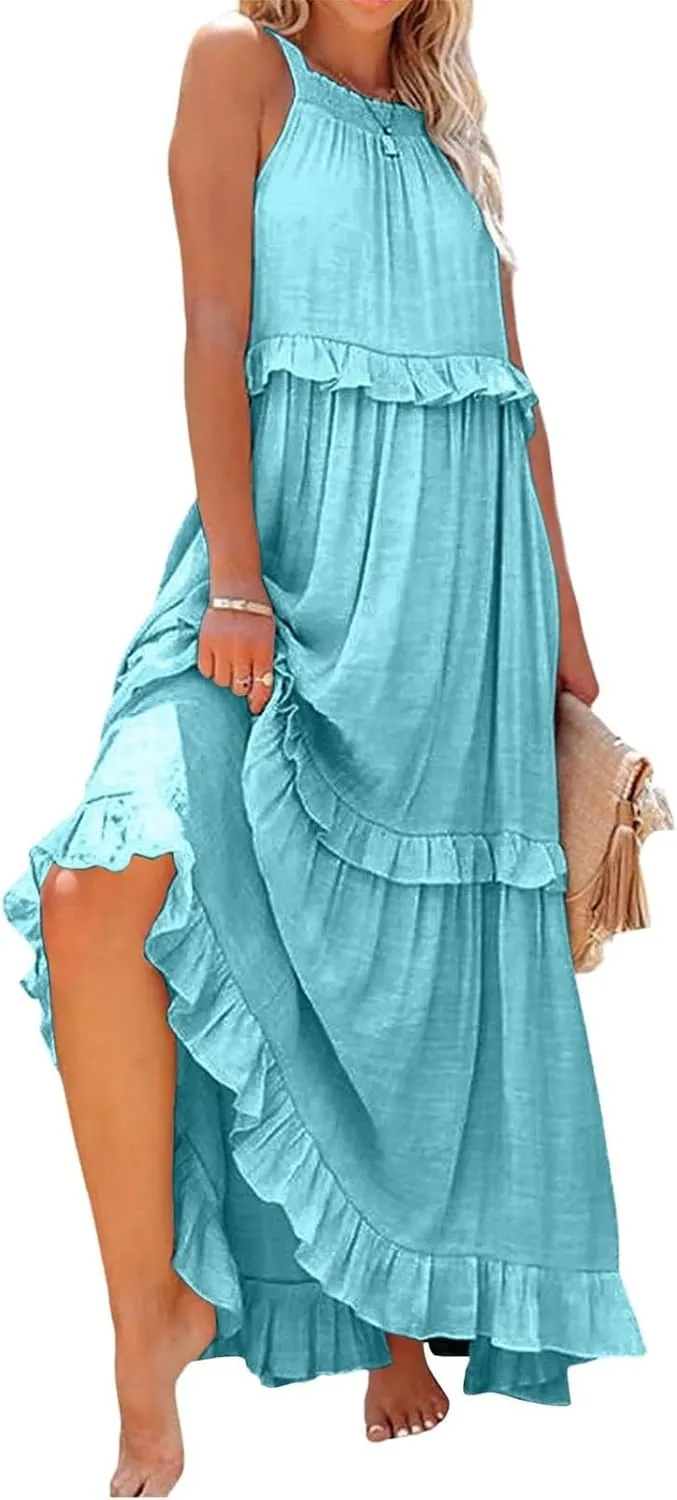 Women's Sundresses 2025 Summer Casual Loose Trendy Sleeveless Solid Color Flowy Maxi Beach Dress, S-2XL